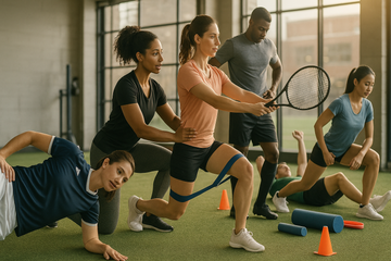 Athletes doing core-stability warm-ups with trainer, resistance bands and compression shorts for sports hernia prevention.