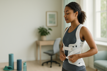 Young adult adjusting a scoliosis back brace at home, with yoga mat and therapy band, calm natural light wellness setting.