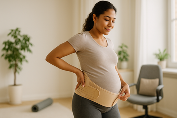 Pregnant woman wearing a maternity belt for back support, standing in a bright living room with relaxed, safe posture