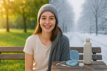 Smiling teen with braces in split summer and winter scene, orthodontic kit nearby; seasonal braces care, wellness.