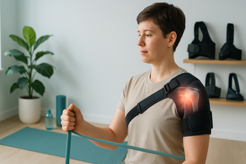 Adult using shoulder brace for rotator cuff injury, doing banded rehab in bright home gym, focus on shoulder support.