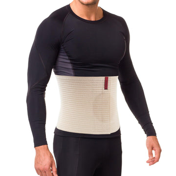 Beige 10.25 in umbilical hernia belt, ribbed abdominal binder with hook-and-loop closure for navel and ventral hernia support