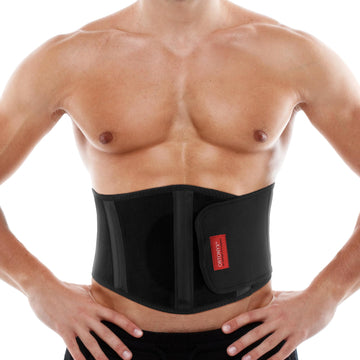 Black ORTONYX VCOX353A umbilical hernia belt with curved navel pad and two side splints; abdominal support brace.