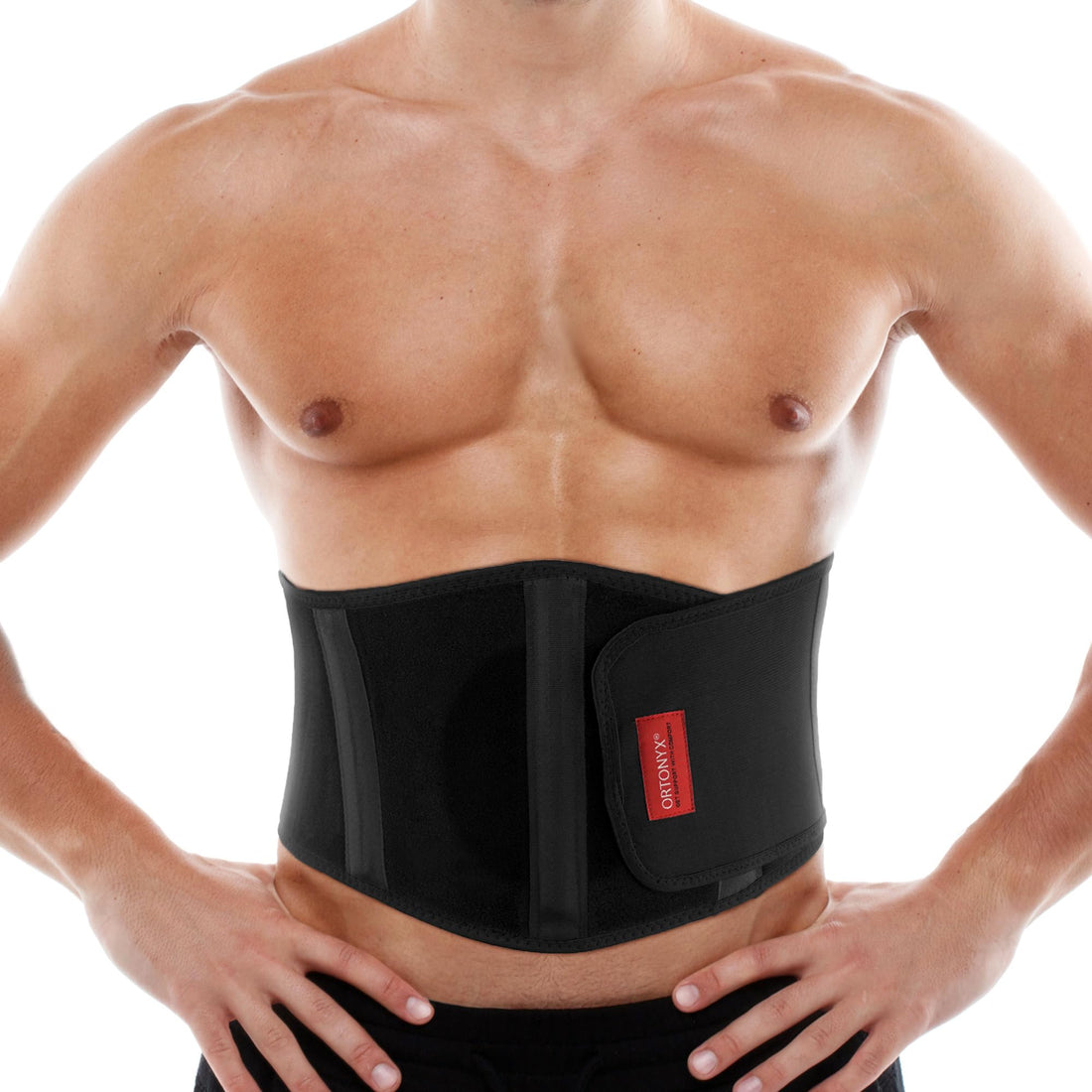 Black ORTONYX umbilical hernia belt with two side splints and Velcro closure, worn as a slim abdominal support brace