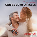 Smiling couple outdoors; woman wears ORTONYX trigger finger splint, adjustable finger support brace with breathable fabric
