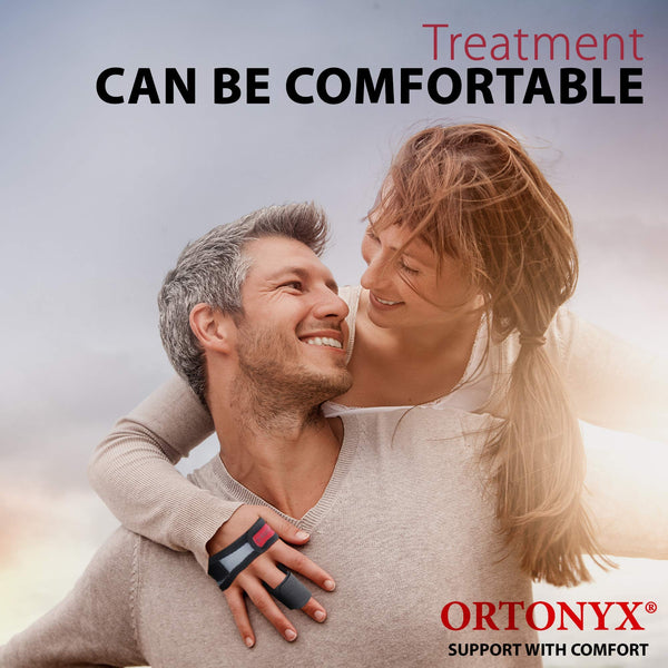 Smiling couple outdoors; woman wears ORTONYX trigger finger splint, adjustable finger support brace with breathable fabric
