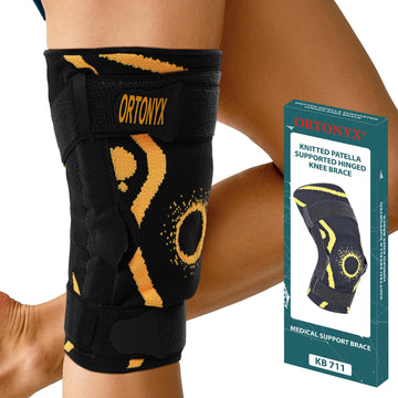 ORTONYX patella ring hinged knee brace on leg, 3D knitted sleeve with dual fastening straps; packaging shown