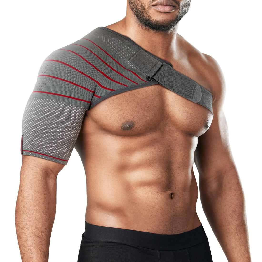 Gray 3D knit compression shoulder sleeve worn on left with adjustable strap; ORTONYX shoulder brace for rotator cuff support