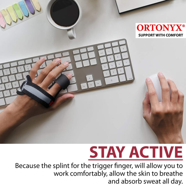 Hand typing at keyboard wearing ORTONYX Trigger Finger Splint, adjustable finger support brace with rigid aluminum stay