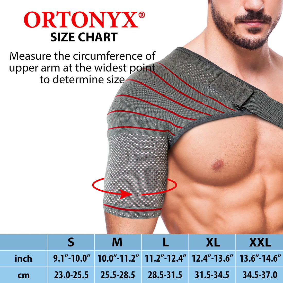 Gray 3D knit compression shoulder sleeve worn on left with adjustable strap; ORTONYX shoulder brace for rotator cuff support