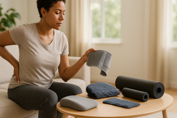 Person comparing lumbar brace, cushion, heat wrap, and foam roller for lower back pain relief in sunlit living room