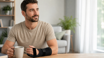 Adult wearing an ORTONYX 4th and 5th finger splint at home