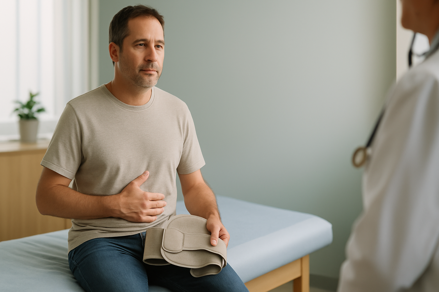 Professional medical illustration of hernia support and recovery guidance