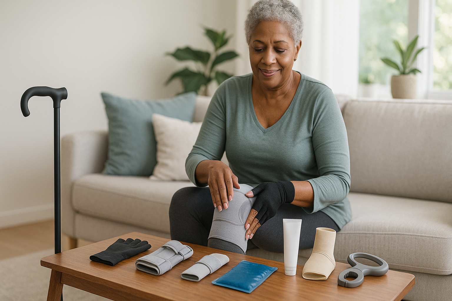Older adult adjusting knee brace on sofa, wearing compression glove; cane and hot/cold pack on table for arthritis relief.