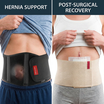 Abdominal binder vs hernia belt side-by-side comparison showing ORTONYX products