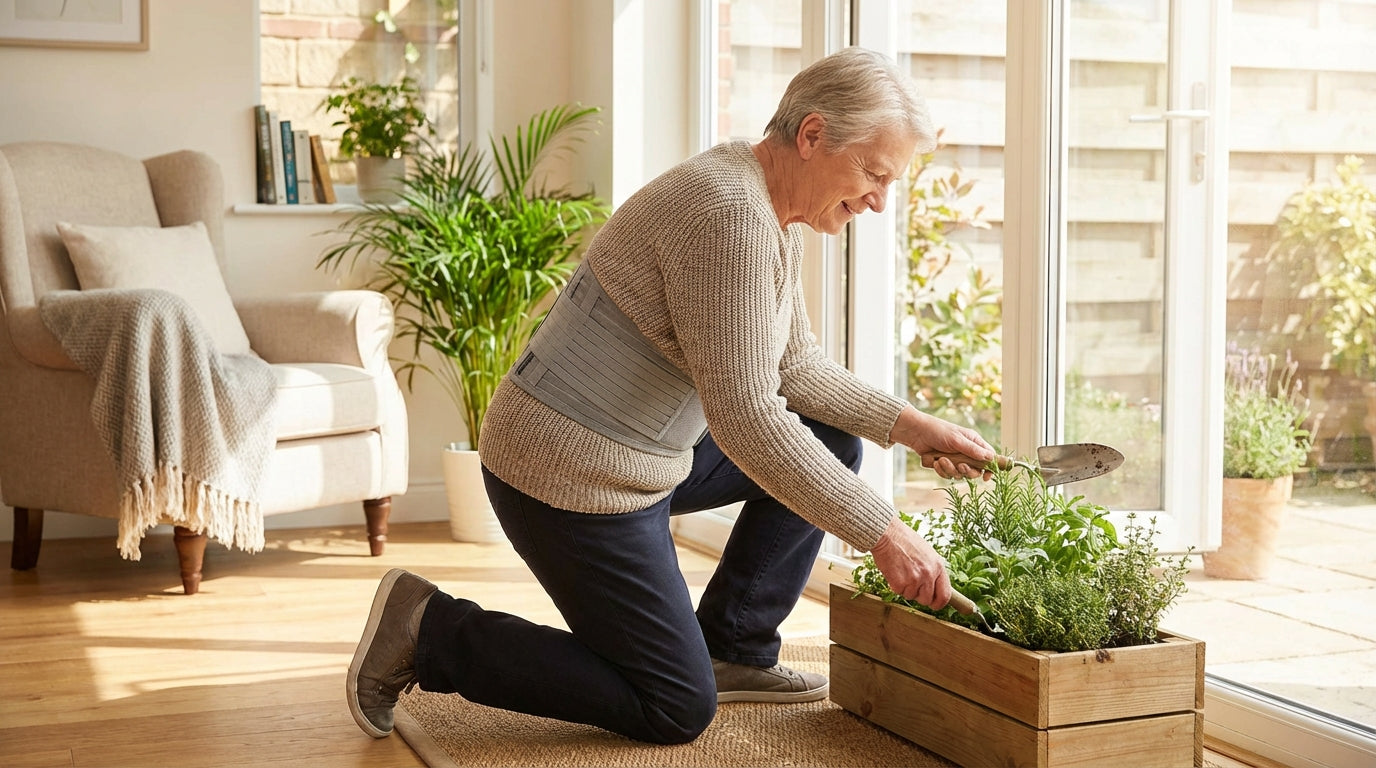 Older adult wearing ORTONYX back support brace for arthritis pain relief at home