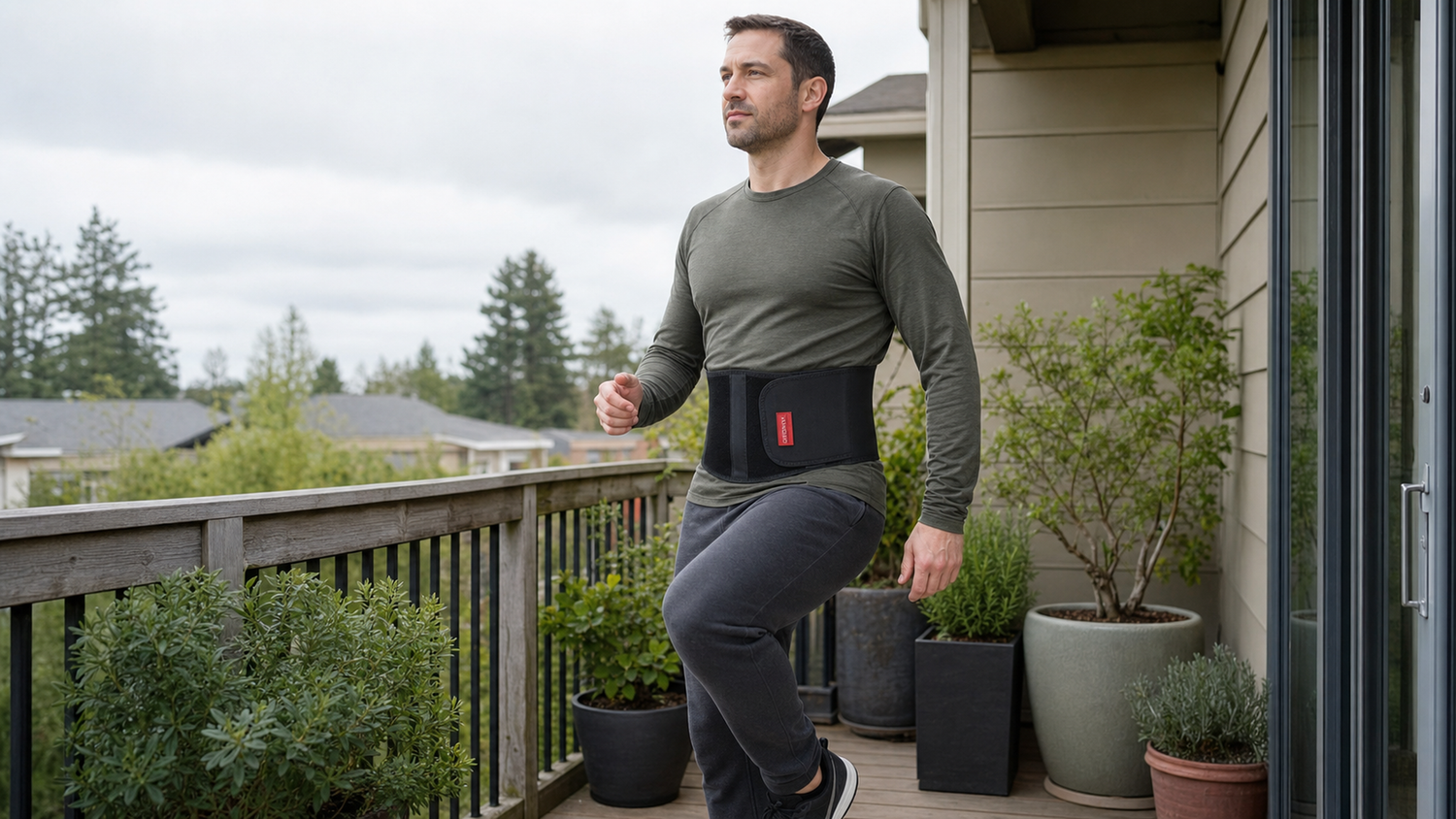 Adult on a balcony doing gentle mobility exercise while wearing a black ORTONYX umbilical hernia belt over a full shirt