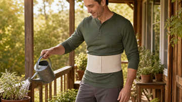 Adult wearing an ORTONYX beige abdominal support belt while watering porch plants