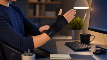 Adult wearing an ORTONYX black wrist support brace while working at a desk