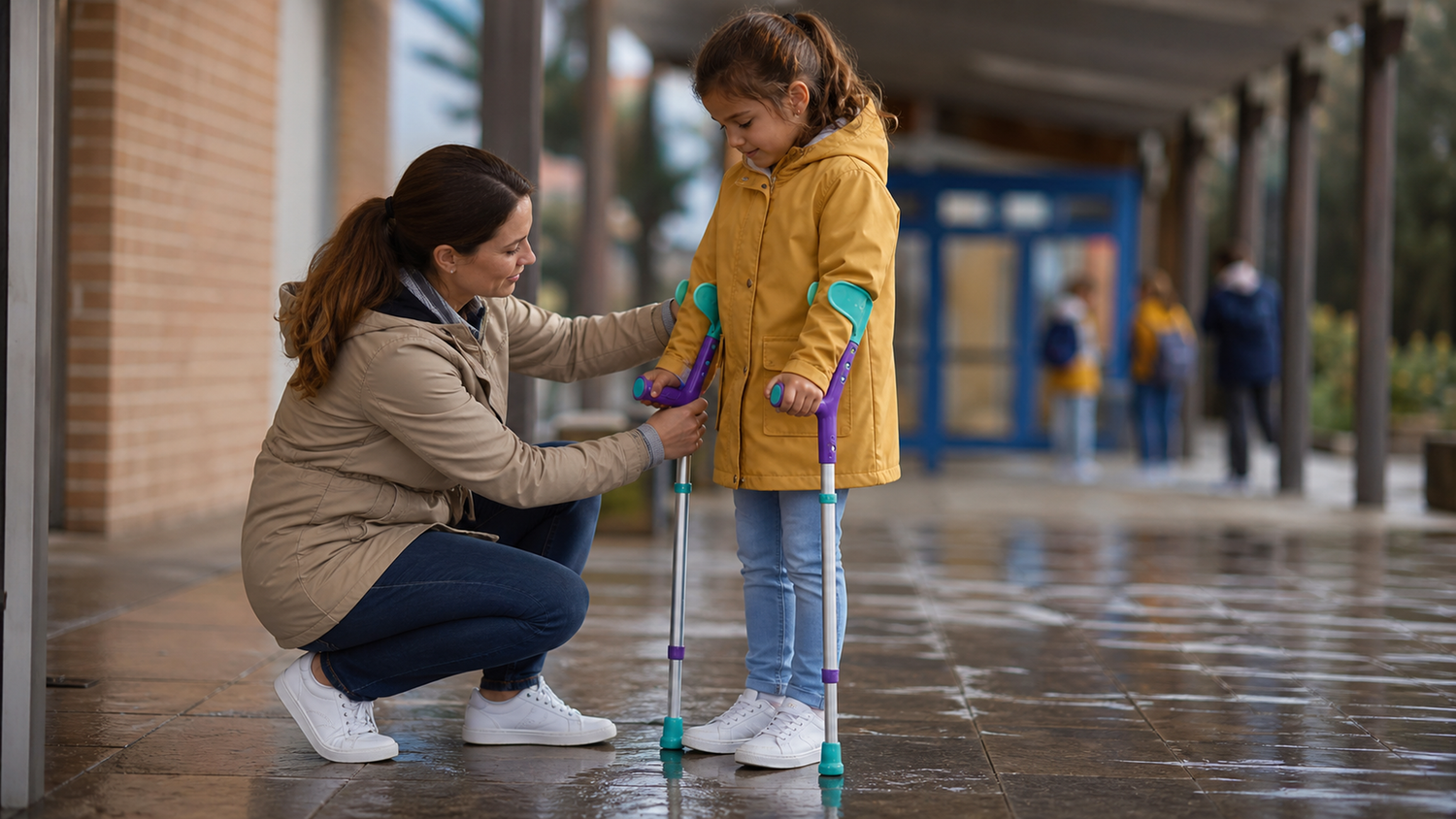 Parent checking ORTONYX colorful forearm crutches for proper fit with a child