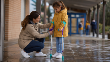 Parent checking ORTONYX colorful forearm crutches for proper fit with a child