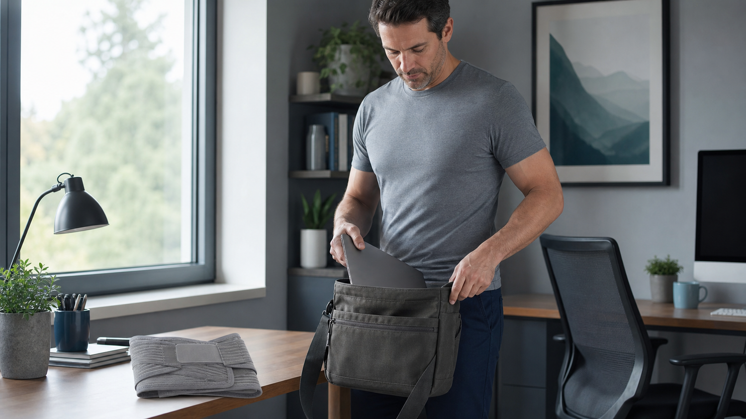 Adult wearing an ORTONYX black lumbar back support brace over a work shirt