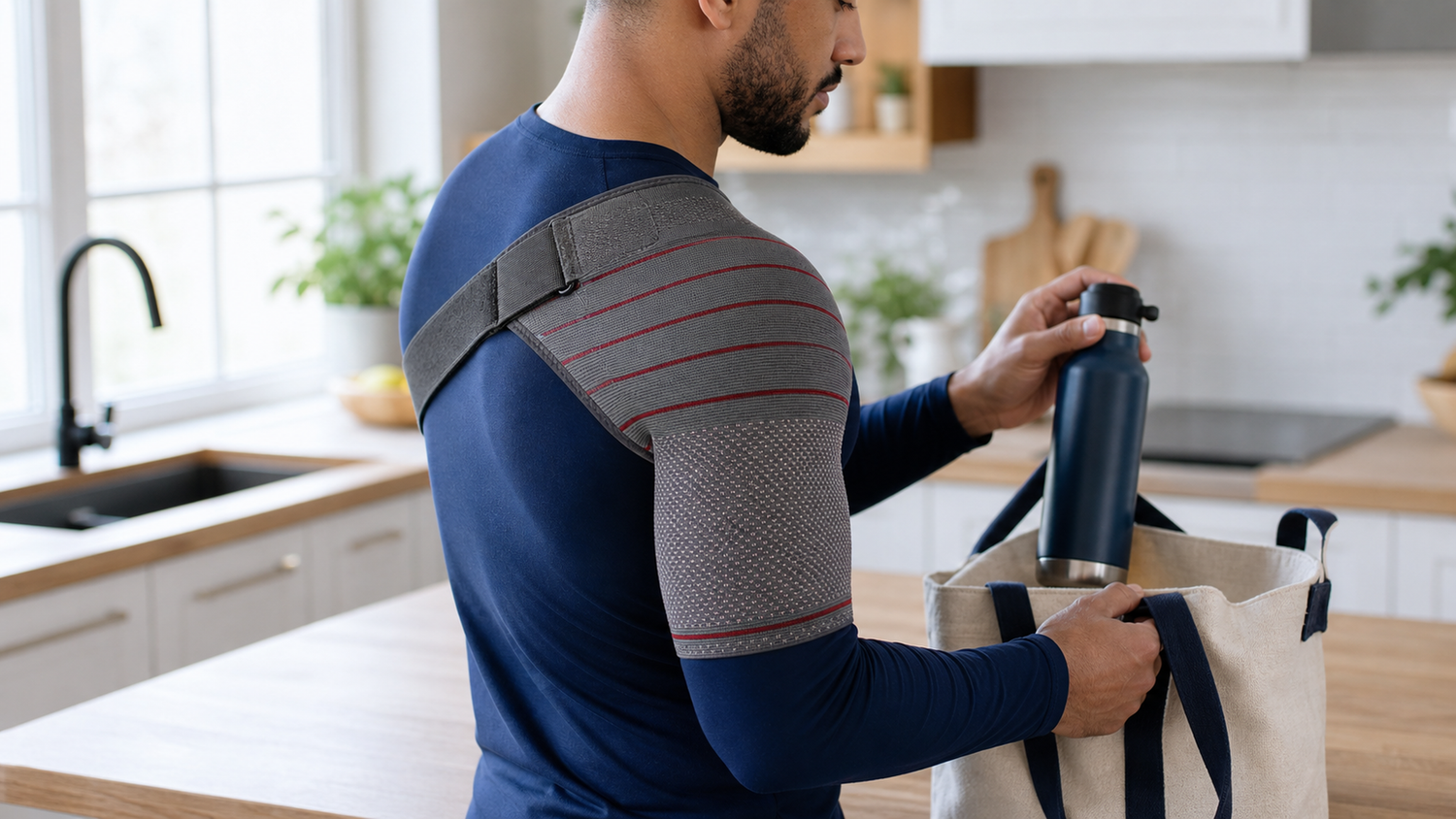 Adult wearing an ORTONYX gray shoulder support sleeve over a shirt