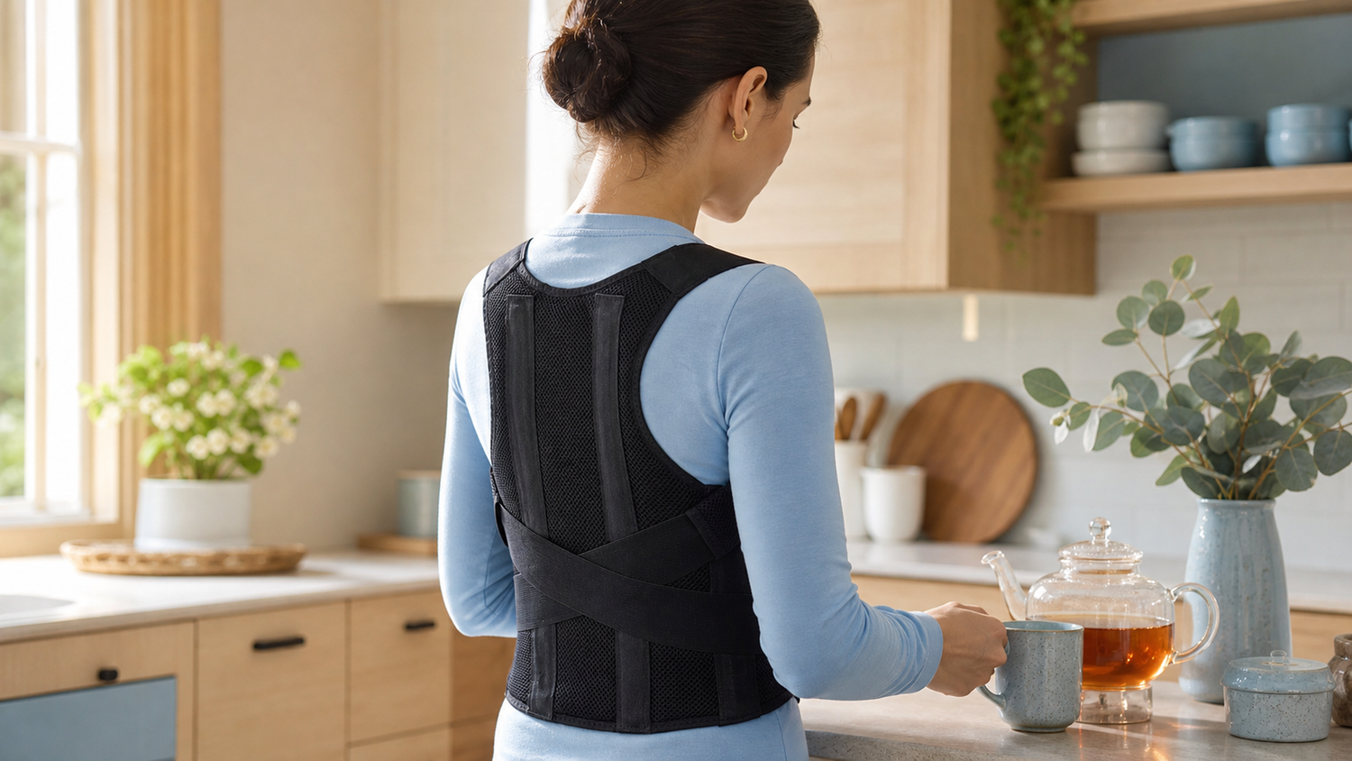 Adult wearing an ORTONYX black clavicle and posture support brace over a shirt