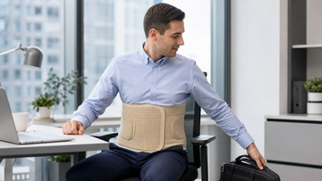 Adult wearing an ORTONYX beige abdominal binder over a shirt while working in an office