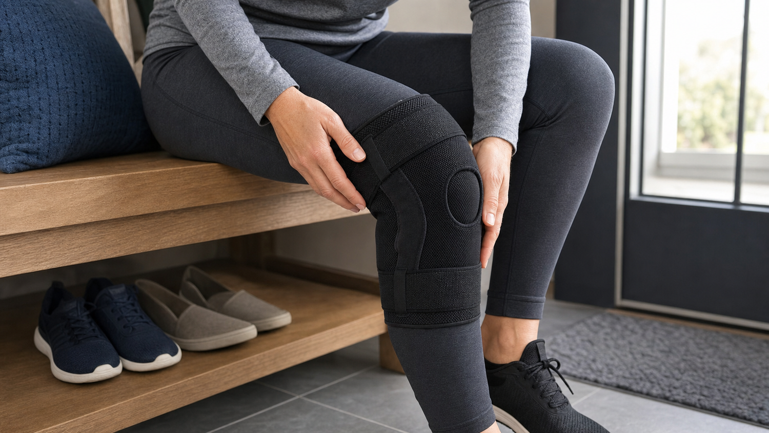 Adult fitting an ORTONYX black knee brace before a walk