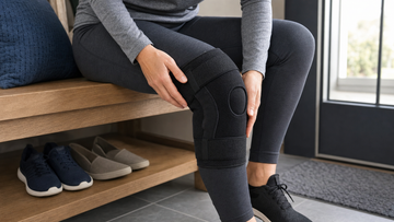 Adult fitting an ORTONYX black knee brace before a walk