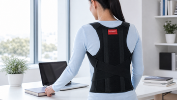 Adult wearing an ORTONYX black posture corrector over a shirt near a mirror