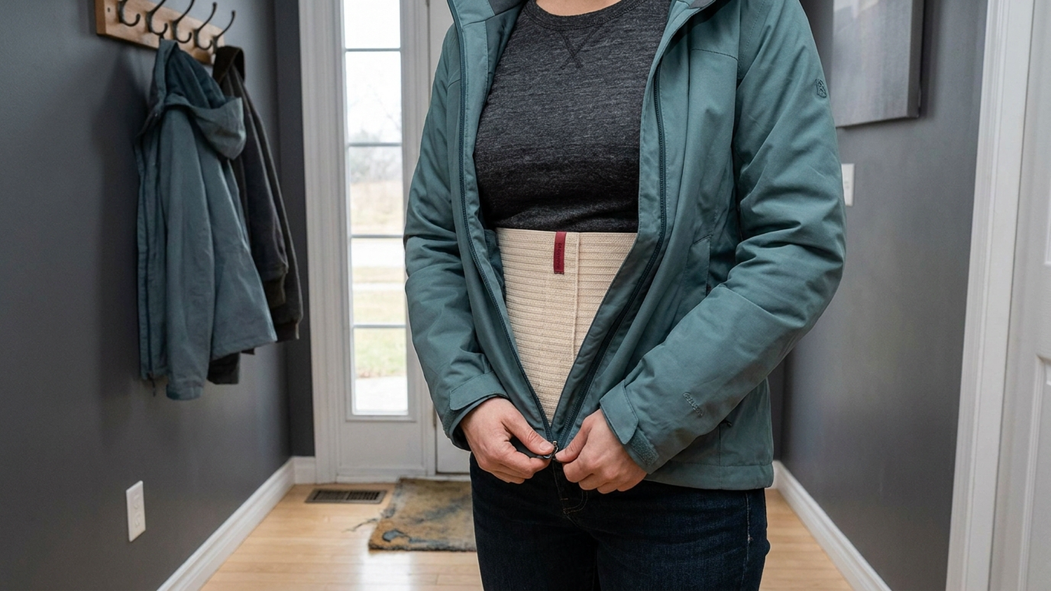Adult in home entryway wearing an ORTONYX abdominal binder while preparing for a short recovery walk