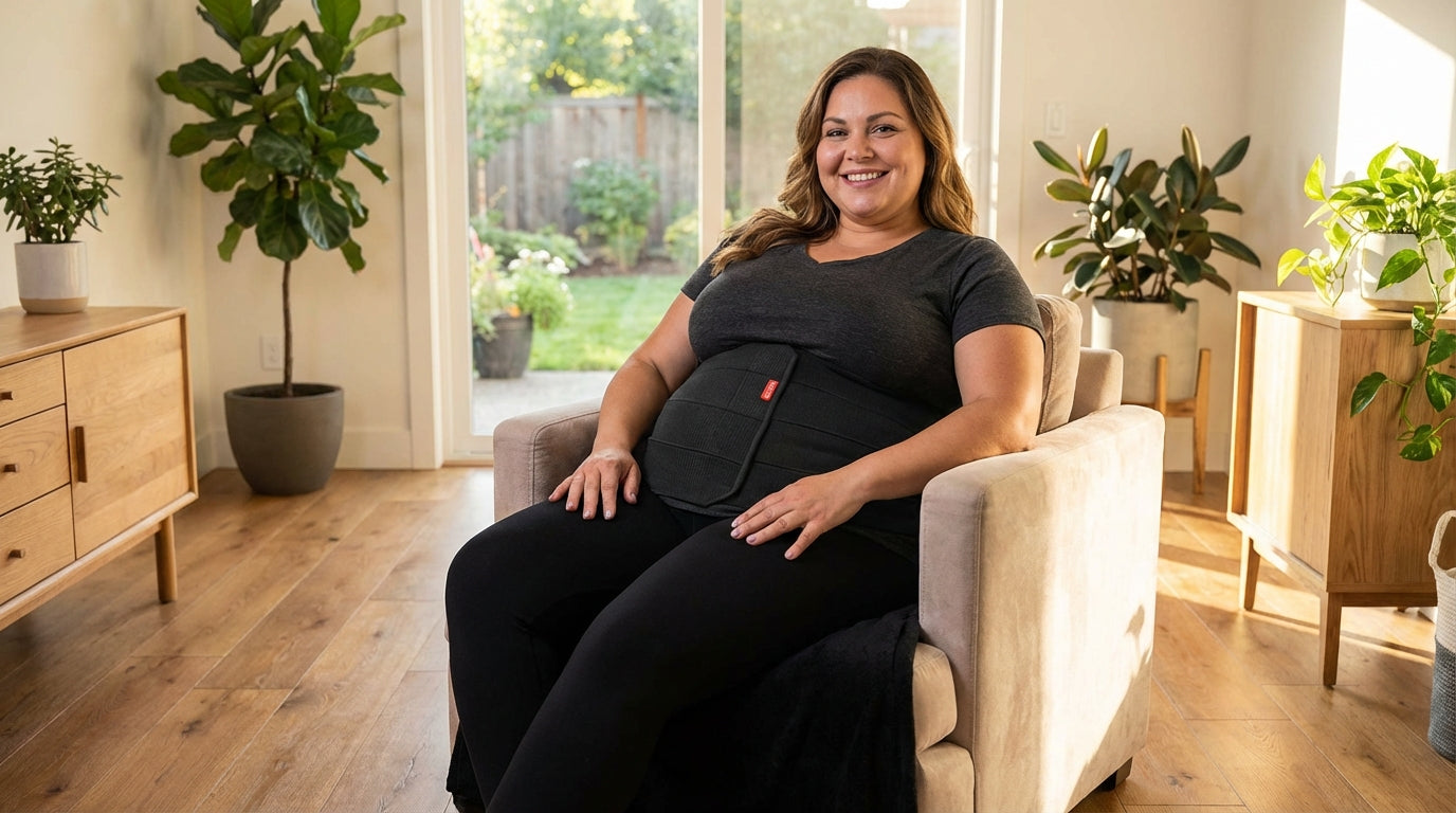 Plus-size person wearing ORTONYX back support brace comfortably at home