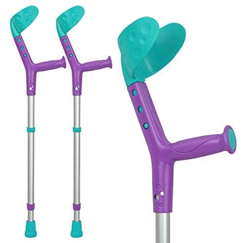 Purple/teal ORTONYX Tiki kids forearm crutches with adjustable arm cuff and telescoping shafts for pediatric elbow support