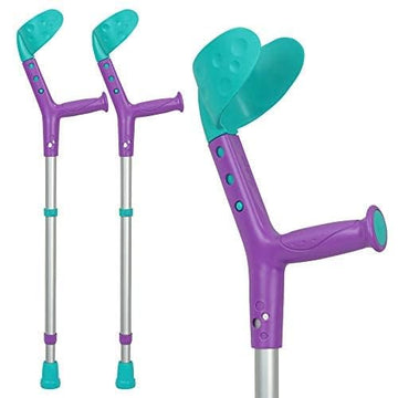 Purple/teal ORTONYX Tiki kids forearm crutches with adjustable arm cuff and telescoping shafts for pediatric elbow support