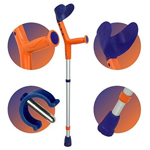 ORTONYX Tiki pediatric forearm crutch orange/blue with adjustable arm support, telescoping height, ergonomic cuff, rubber tip.