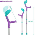 ORTONYX Tiki pediatric forearm crutches, purple/teal, adjustable arm support; cuff 4.3–8.3 in, height 21.6–30.3 in.
