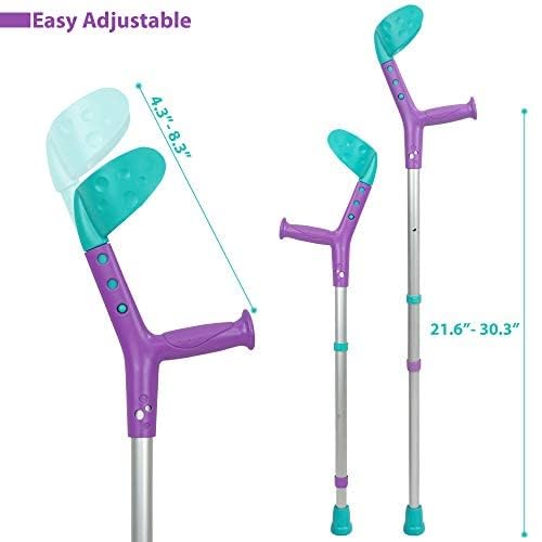 ORTONYX Tiki pediatric forearm crutches, purple/teal, adjustable arm support; cuff 4.3–8.3 in, height 21.6–30.3 in.
