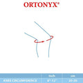 ORTONYX Kids Knee Brace ACJB2103 size chart showing knee circumference 8–12 in (20–30 cm) with measuring arrow