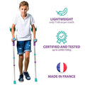 Kid using ORTONYX Tiki kids forearm crutches with adjustable arm support; 11.64 oz each; certified; made in France.