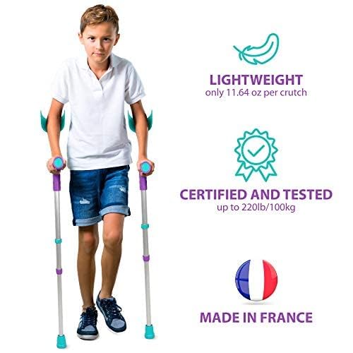 Kid using ORTONYX Tiki kids forearm crutches with adjustable arm support; 11.64 oz each; certified; made in France.