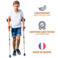 Child with ORTONYX Tiki kids forearm crutches, adjustable arm cuffs; lightweight 11.64 oz per crutch, certified to 220 lb.