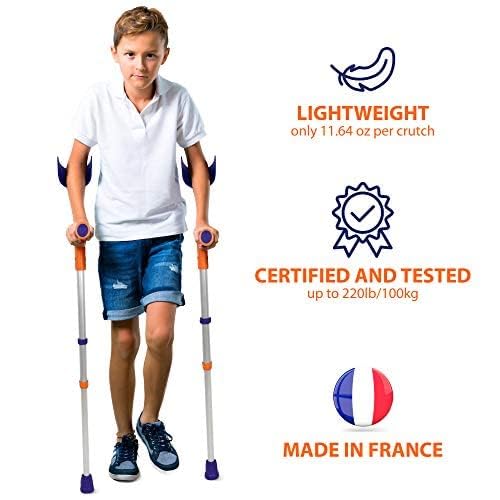 Child with ORTONYX Tiki kids forearm crutches, adjustable arm cuffs; lightweight 11.64 oz per crutch, certified to 220 lb.