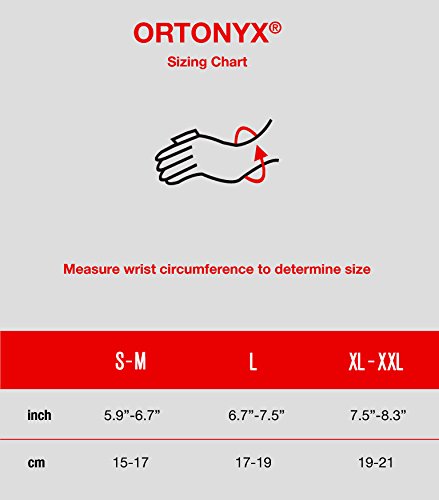 Hand wearing ORTONYX wrist brace, breathable knit compression with palmar pad and adjustable strap for carpal tunnel support.