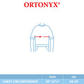 ORTONYX sizing guide for kids clavicle support brace; measure child chest circumference 20–27½ in (50–70 cm), figure‑8 fit.