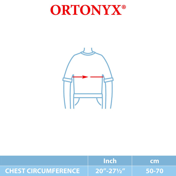 ORTONYX sizing guide for kids clavicle support brace; measure child chest circumference 20–27½ in (50–70 cm), figure‑8 fit.