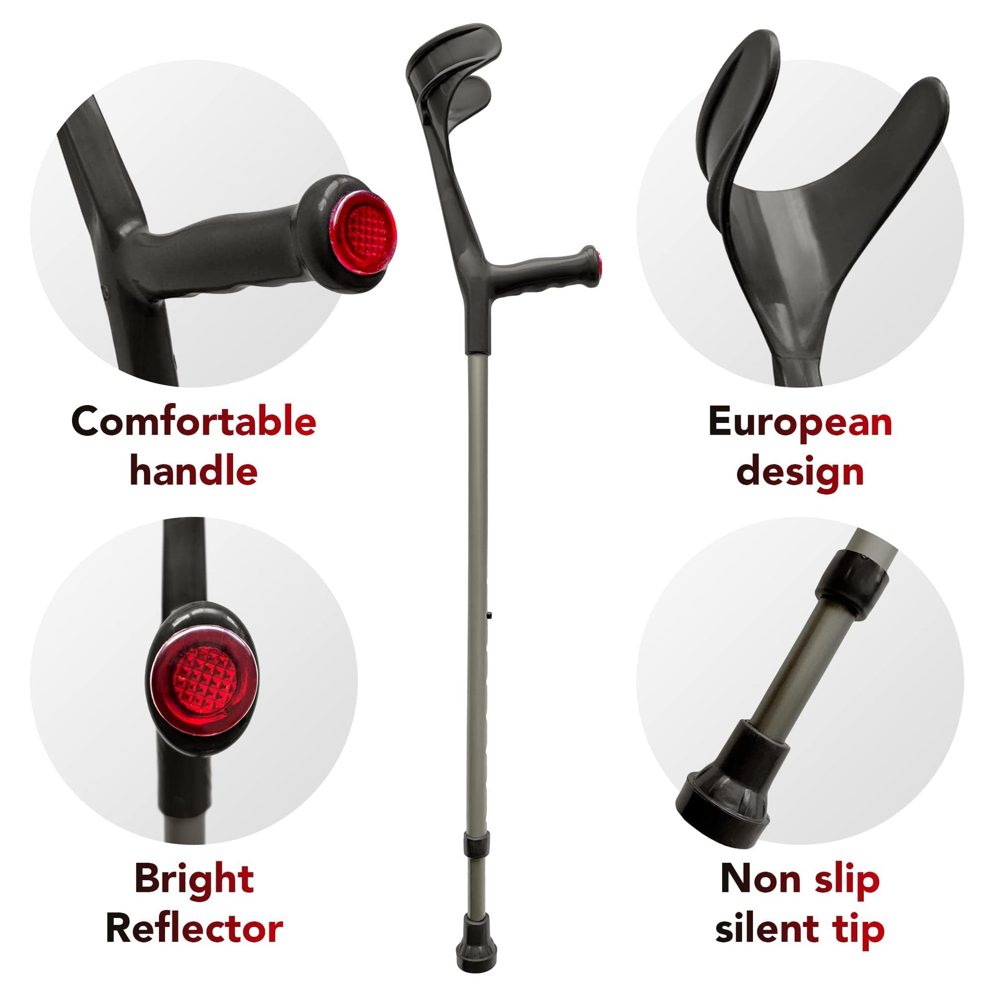 ORTONYX forearm crutch AL01 with open cuff, handle with red reflector, adjustable aluminum shaft, non-slip tip for adults