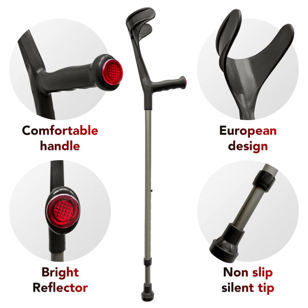 ORTONYX forearm crutch AL01 with open cuff, handle with red reflector, adjustable aluminum shaft, non-slip tip for adults