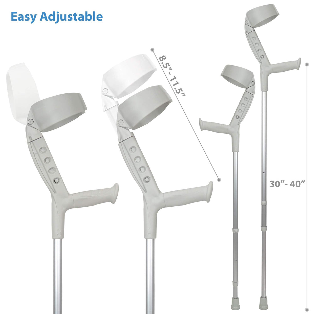 Pair of ORTONYX Progress II closed cuff forearm crutches; adjustable arm 8.5–11.5 in and height 30–40 in, rubber tips